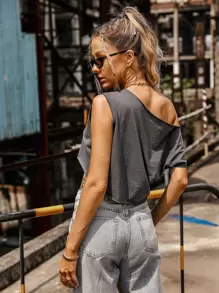 PUNK Letter & Animal Print Asymmetrical Neck Crop Tee Graphic Tees Women Tops - Dark Grey - View 2