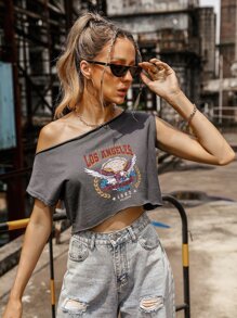 PUNK Letter & Animal Print Asymmetrical Neck Crop Tee Graphic Tees Women Tops - Dark Grey - View 4