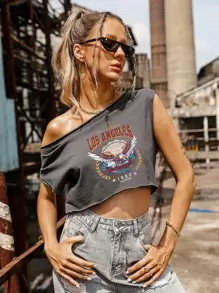 PUNK Letter & Animal Print Asymmetrical Neck Crop Tee Graphic Tees Women Tops - Dark Grey - View 5