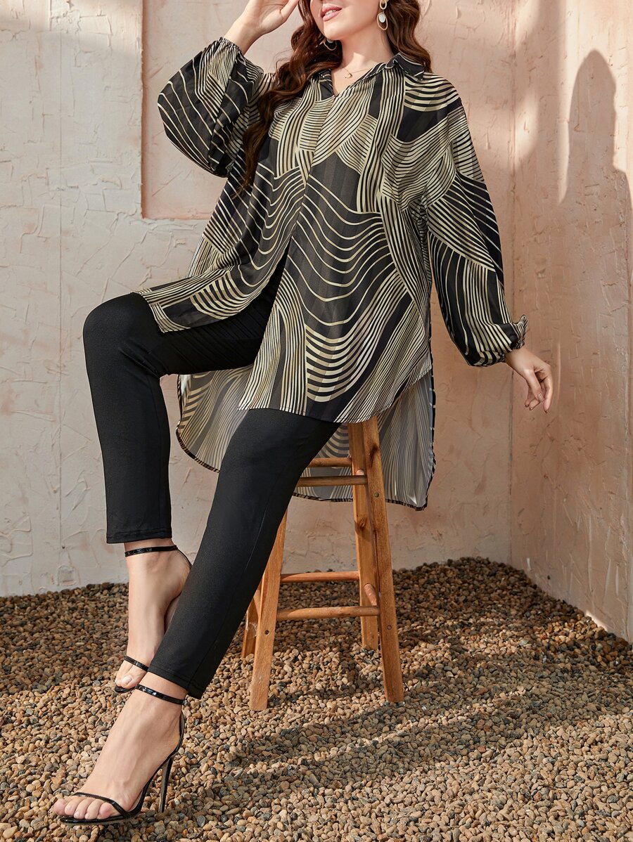 Mulvari 大碼條紋圖案燈籠袖高低下擺襯衫和褲子