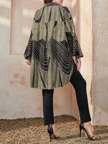 Mulvari 大碼條紋圖案燈籠袖高低下擺襯衫和褲子