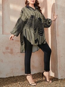 Mulvari 大碼條紋圖案燈籠袖高低下擺襯衫和褲子