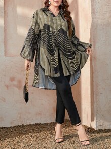 Mulvari 大碼條紋圖案燈籠袖高低下擺襯衫和褲子