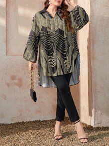 Mulvari 大碼條紋圖案燈籠袖高低下擺襯衫和褲子