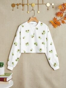 SHEIN Leap Crew Teen Girls Drop Shoulder Avocado Print Pullover,In Fall/Winter - White - View 1