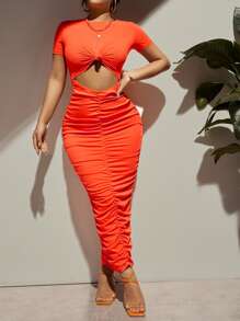 SHEIN SXY Đầm Cắt ra Thắt nút Xù màu trơn Gợi cảm - trái cam - Xem 1