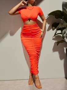 SHEIN SXY Đầm Cắt ra Thắt nút Xù màu trơn Gợi cảm - trái cam - Xem 3