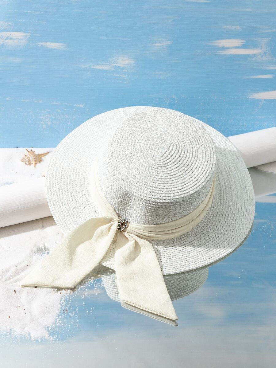 Boho 1pc Y2k Style Women's Beach Vacation Straw Hat With Rhinestone Buckle & Ribbon, Sun Protection & Breathable, Suitable For Outdoor Beach Wear - White - View 1