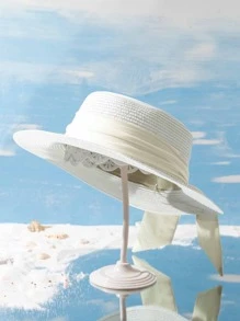 Boho 1pc Y2k Style Women's Beach Vacation Straw Hat With Rhinestone Buckle & Ribbon, Sun Protection & Breathable, Suitable For Outdoor Beach Wear - White - View 2