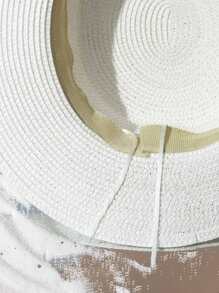 Boho 1pc Y2k Style Women's Beach Vacation Straw Hat With Rhinestone Buckle & Ribbon, Sun Protection & Breathable, Suitable For Outdoor Beach Wear - White - View 3