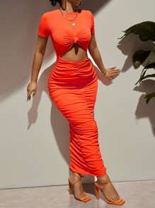 SHEIN SXY Đầm Cắt ra Thắt nút Xù màu trơn Gợi cảm - trái cam - Xem 5