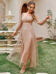 Simplee 燈籠袖雞心領口下擺開叉網紗連衣裙