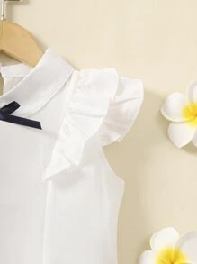 小女童前蝴蝶結荷葉袖襯衫 - 白色 - 查看 3