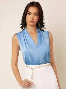 SHEIN Privé Fold Pleated Solid Satin Blouse - Baby Blue - View 1