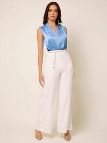 SHEIN Privé Fold Pleated Solid Satin Blouse - Baby Blue - View 3