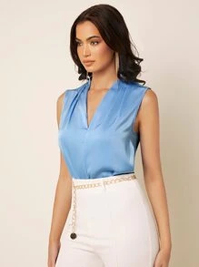 SHEIN Privé Fold Pleated Solid Satin Blouse - Baby Blue - View 4