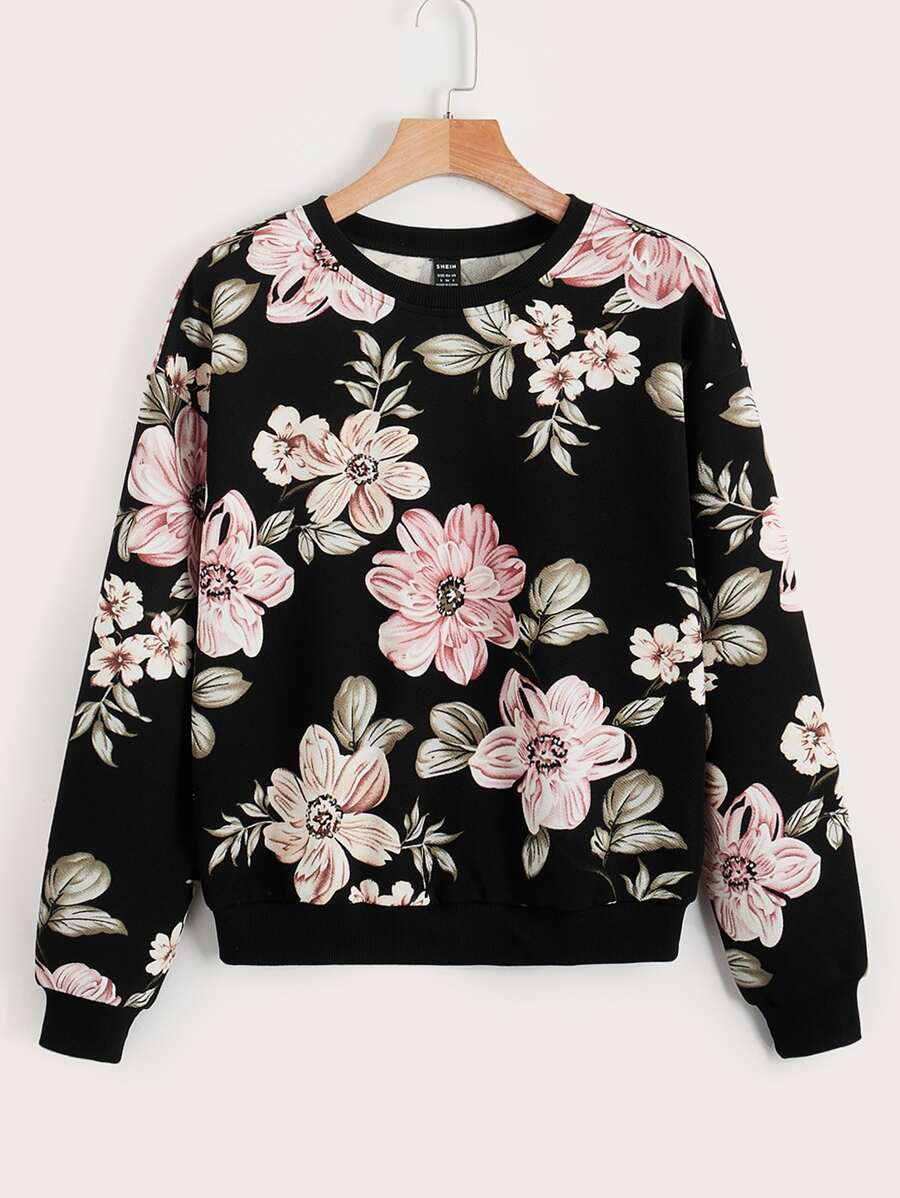 SHEIN LUNE 秋冬花卉印花落肩卫衣、长袖上衣 - 彩色 - 查看 1