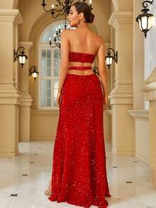 LOVE&LEMONADE 後鏤空高衩亮片抹胸連衣裙 - 紅色 - 查看 2