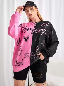 SHEIN EZwear Plus Two Tone Letter Graphic Drop Shoulder Pullover - Multicolor - View 1