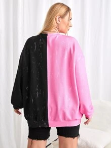 SHEIN EZwear Plus Two Tone Letter Graphic Drop Shoulder Pullover - Multicolor - View 2