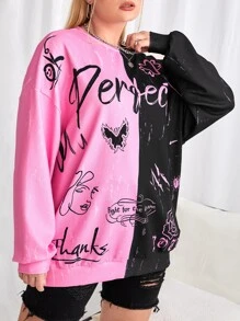 SHEIN EZwear Plus Two Tone Letter Graphic Drop Shoulder Pullover - Multicolor - View 3