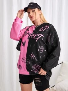 SHEIN EZwear Plus Two Tone Letter Graphic Drop Shoulder Pullover - Multicolor - View 5