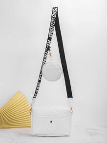 人字形图案方形包配零钱包绗缝单肩包配零钱包，女士小斜挎包，pu方形包印花宽肩带小方包时尚个性波浪刺绣女士斜挎包配零钱包女士包，女式包配一角钱包 - 白色 - 查看 3