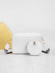 人字形图案方形包配零钱包绗缝单肩包配零钱包，女士小斜挎包，pu方形包印花宽肩带小方包时尚个性波浪刺绣女士斜挎包配零钱包女士包，女式包配一角钱包 - 白色 - 查看 2