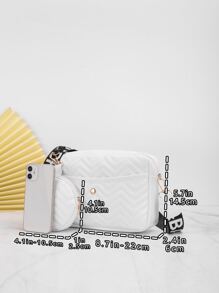 人字形图案方形包配零钱包绗缝单肩包配零钱包，女士小斜挎包，pu方形包印花宽肩带小方包时尚个性波浪刺绣女士斜挎包配零钱包女士包，女式包配一角钱包 - 白色 - 查看 4