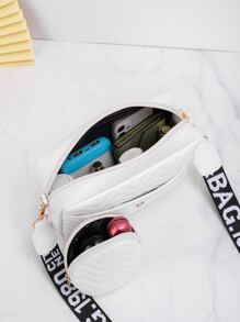 人字形图案方形包配零钱包绗缝单肩包配零钱包，女士小斜挎包，pu方形包印花宽肩带小方包时尚个性波浪刺绣女士斜挎包配零钱包女士包，女式包配一角钱包 - 白色 - 查看 5