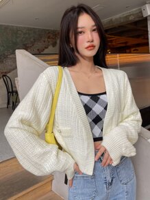 DAZY Button Detail Thumb Hole Duster Cardigan - Beige - View 1