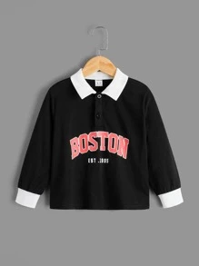 SHEIN 小男童字母圖案拼接領POLO衫