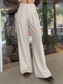DAZY High Waist Knot Detail Wide Leg Trousers - Apricot - View 1