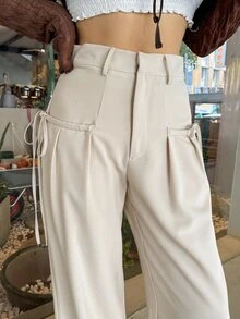 DAZY High Waist Knot Detail Wide Leg Trousers - Apricot - View 6