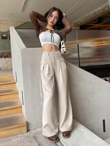 DAZY High Waist Knot Detail Wide Leg Trousers - Apricot - View 8