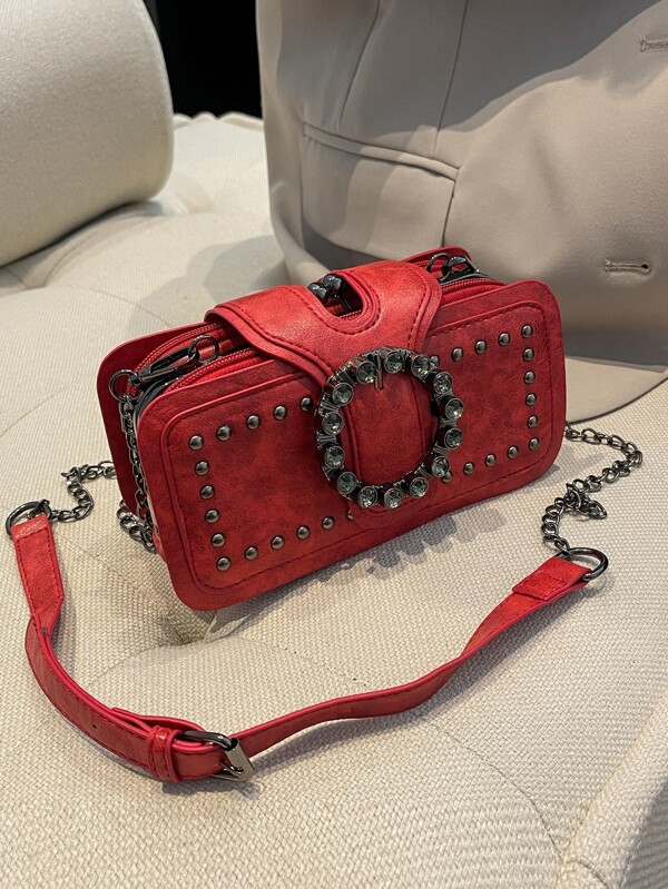 Bolso de hombro mini para mujer, bolso cruzado vintage punk con remaches y cadena, multibolsillos, bolsa para teléfono móvil negro, cartera cuadrada pequeña