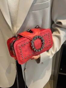 Women Mini Shoulder Bag, Vintage Punk Rivet Chain Crossbody Bag, Multi-Pocket, Black Mobile Phone Pouch, Small Square Purse