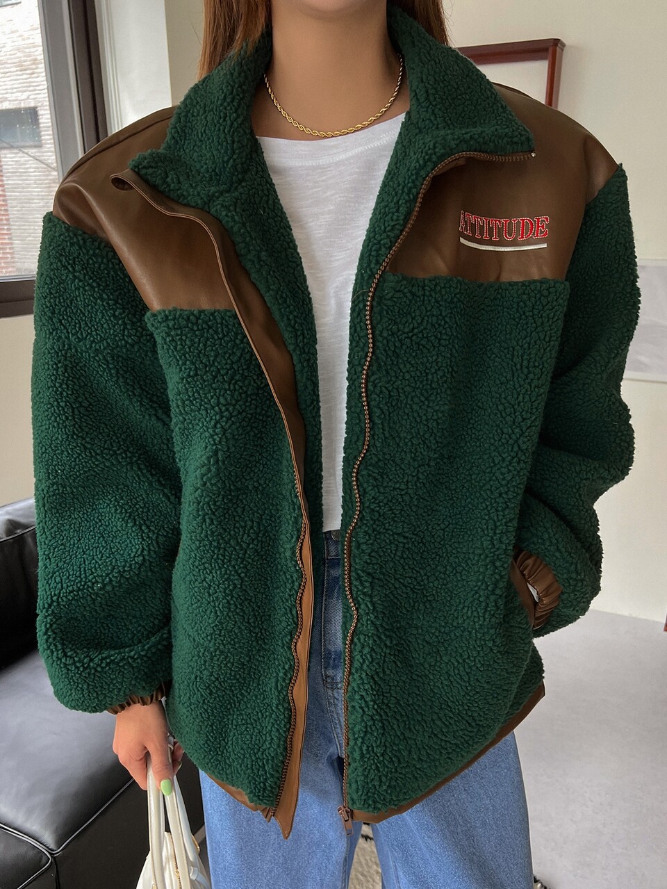 Contrast Panel Letter Embroidery Teddy Jacket