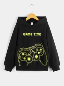 SHEIN Áo nỉ tay rớt vai in hình khẩu hiệu và tay cầm chơi game dành cho bé trai tuổi teen - màu đen - Xem 1
