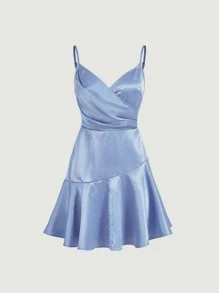SHEIN MOD Vestido de tirantes de cuello cruzado fruncido bajo con fruncido de satén - Azul - Ver 1