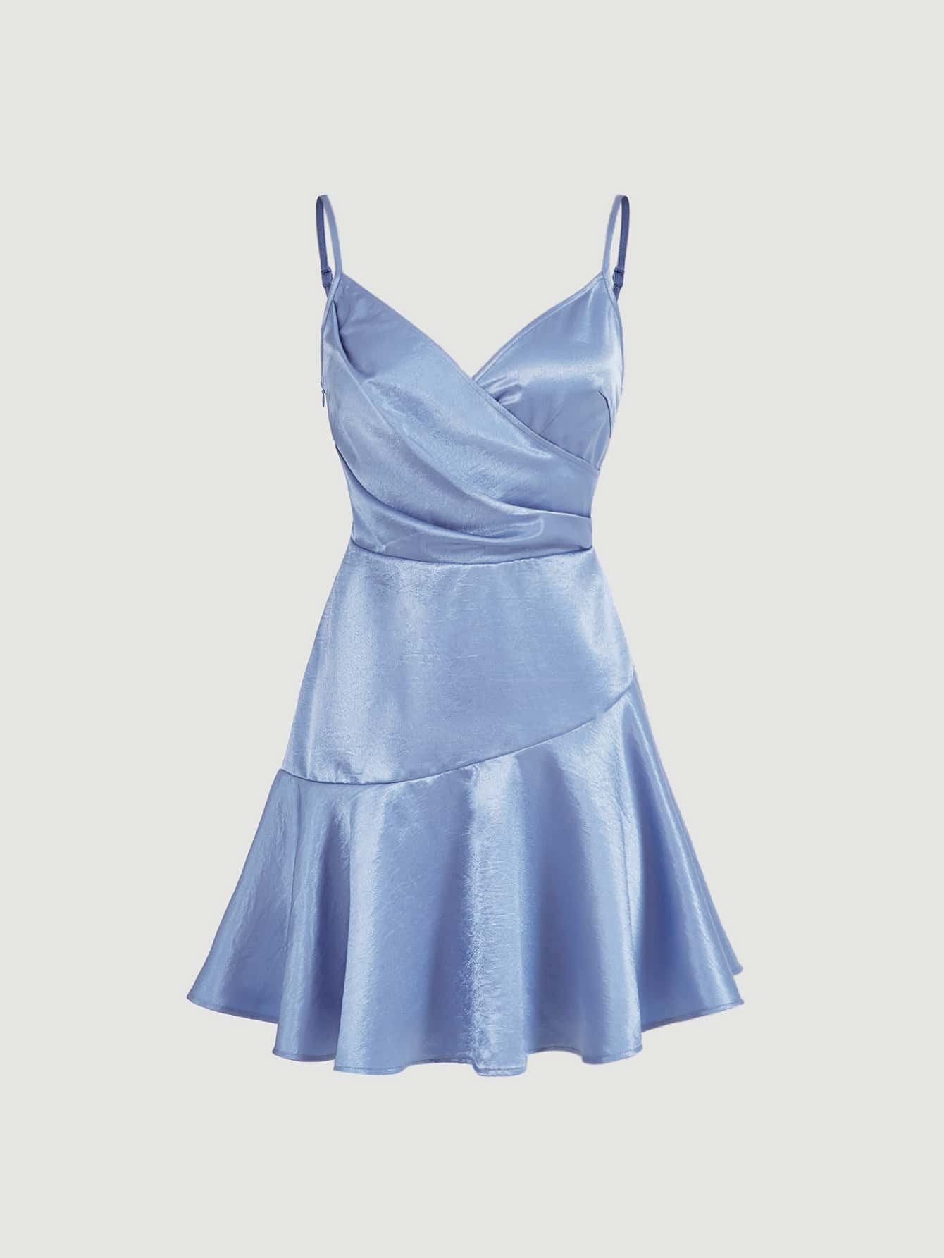 SHEIN MOD Vestido de tirantes de cuello cruzado fruncido bajo con fruncido de satén - Azul - Ver 1