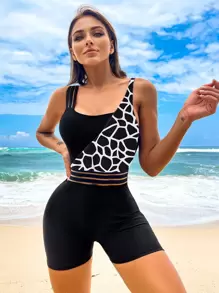 Traje de baño de una pieza con panel de malla y cuello asimétrico de dos tonos, para el verano - Negro - Ver 1