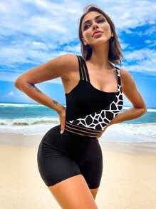 Traje de baño de una pieza con panel de malla y cuello asimétrico de dos tonos, para el verano - Negro - Ver 3