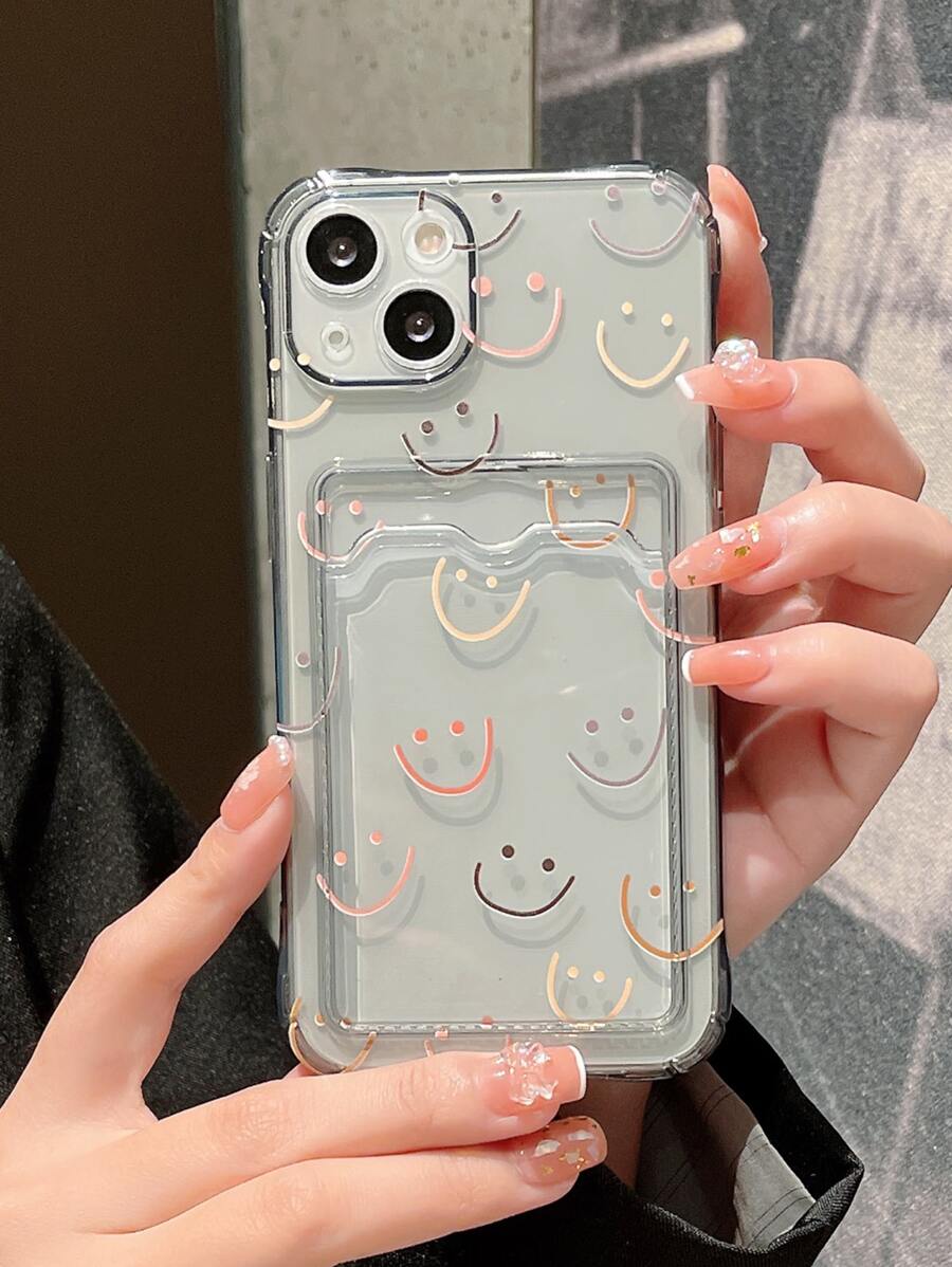 Smile Print Clear Phone Case With Card Slot - Multicolor - View 1