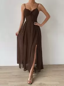 SHEIN Belle Đầm Lộ Lưng Buộc lại xoắn lại Trọn gói Thiết kế hai lớp màu trơn Giải trí - Màu nâu Sô-cô-la - Xem 1