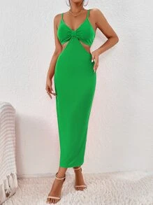 SHEIN Privé 鏤空腰開衩單肩包臀洋裝 - 綠色 - 查看 3