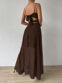 SHEIN Belle Đầm Lộ Lưng Buộc lại xoắn lại Trọn gói Thiết kế hai lớp màu trơn Giải trí - Màu nâu Sô-cô-la - Xem 2
