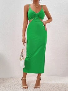 SHEIN Privé 鏤空腰開衩單肩包臀洋裝 - 綠色 - 查看 4