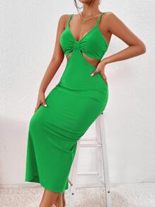 SHEIN Privé 鏤空腰開衩單肩包臀洋裝 - 綠色 - 查看 5