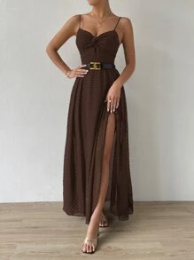 SHEIN Belle Đầm Lộ Lưng Buộc lại xoắn lại Trọn gói Thiết kế hai lớp màu trơn Giải trí - Màu nâu Sô-cô-la - Xem 3